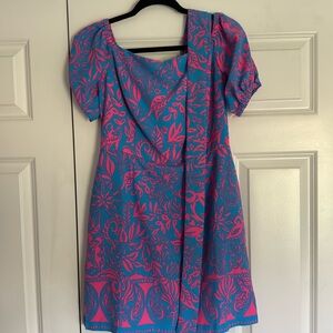 Lilly Pulitzer pink and blue puff sleeve mini dress